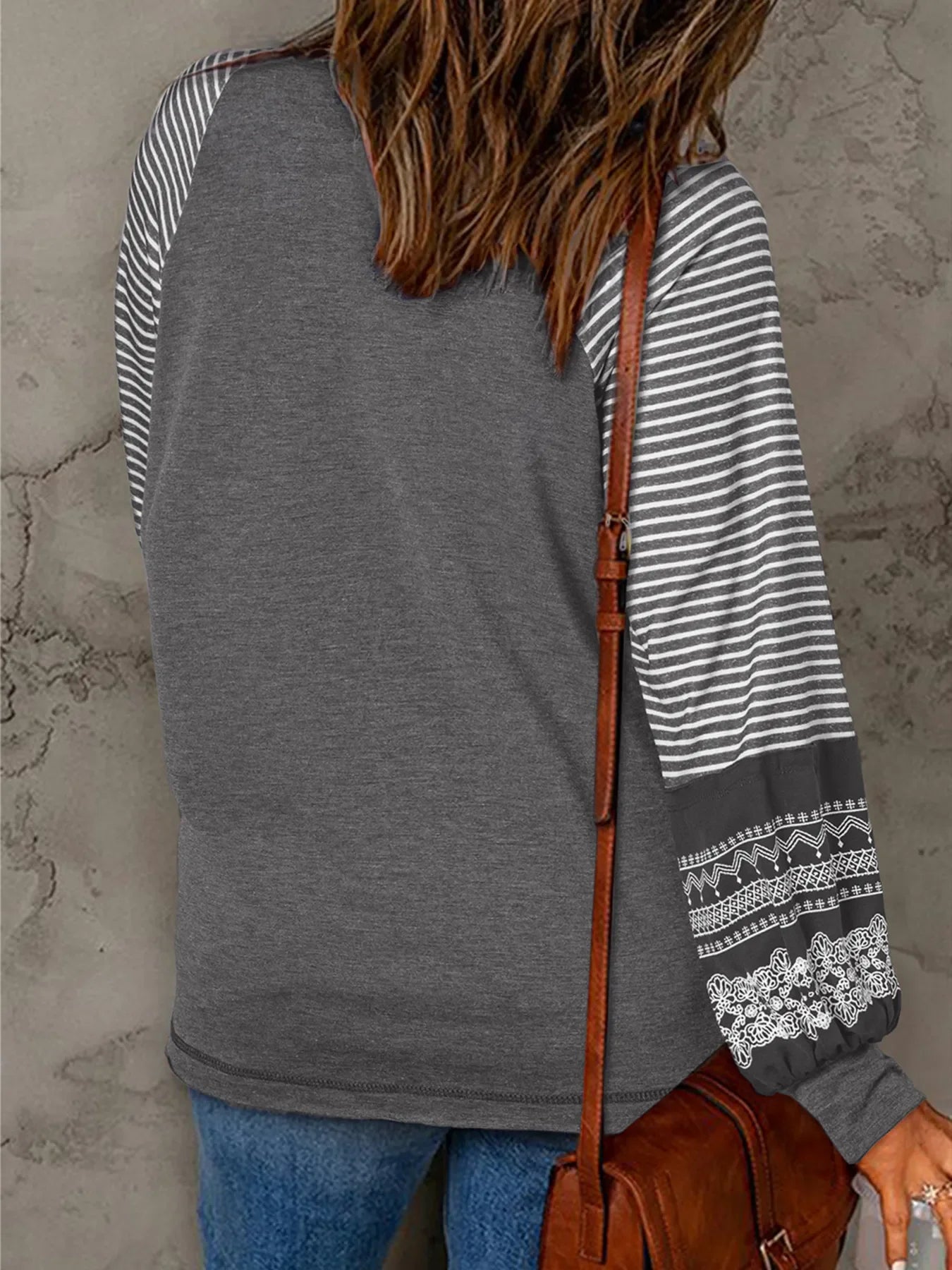 Contrast Print Striped Raglan Long Sleeve Loose Top - Southern Shores Clothing