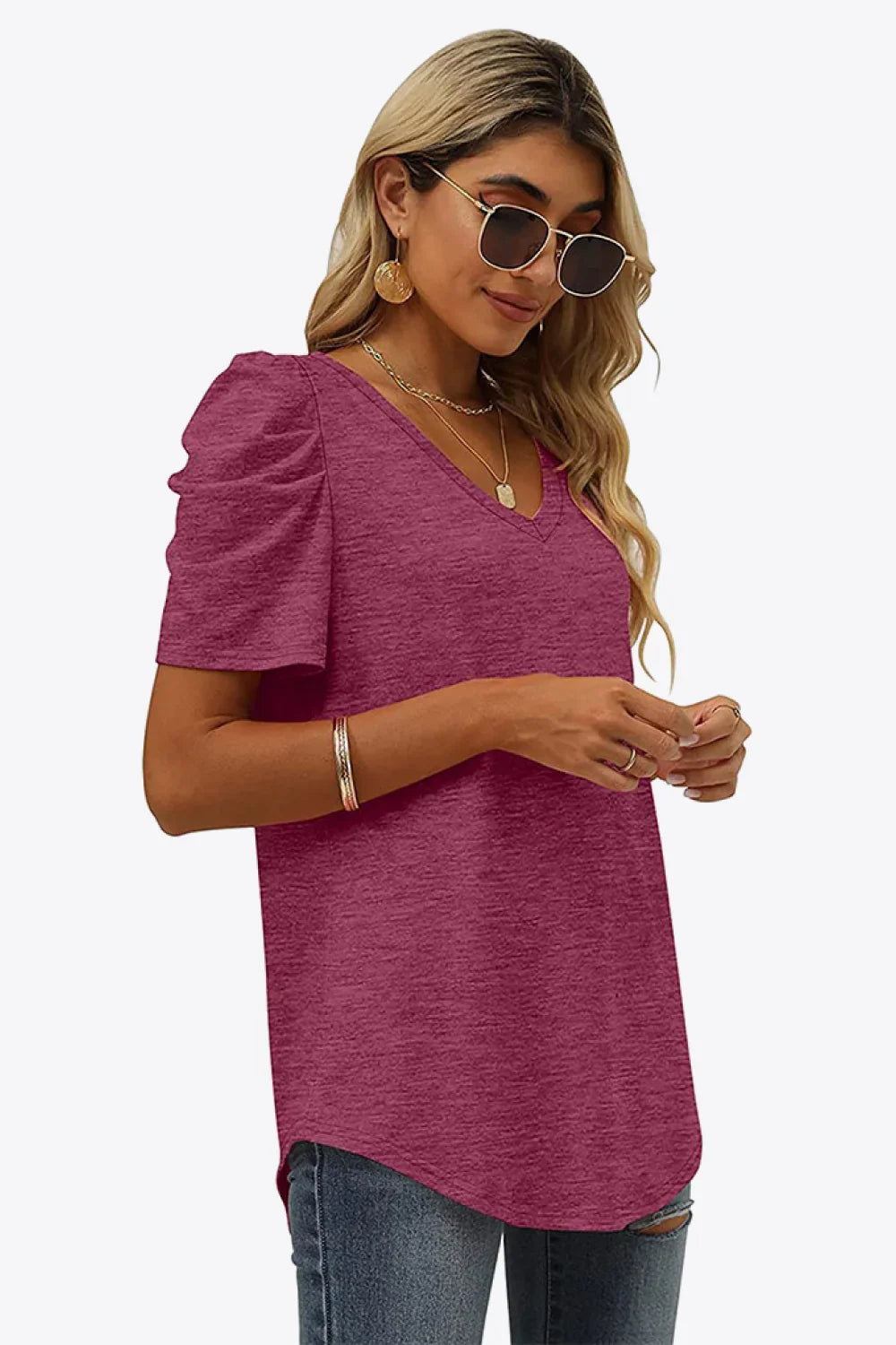 V-Neck Puff Sleeve Tee With Stretchy Fabric - Southern Shores Clothing