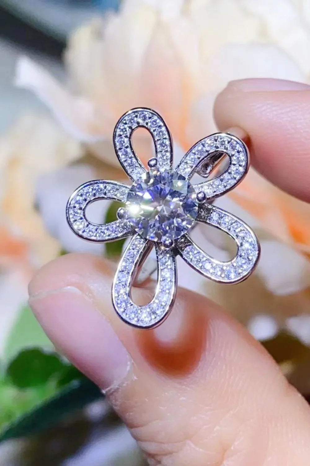 1 Carat Moissanite Flower Shape Open Ring Platinum Plated - Southern Shores Clothing