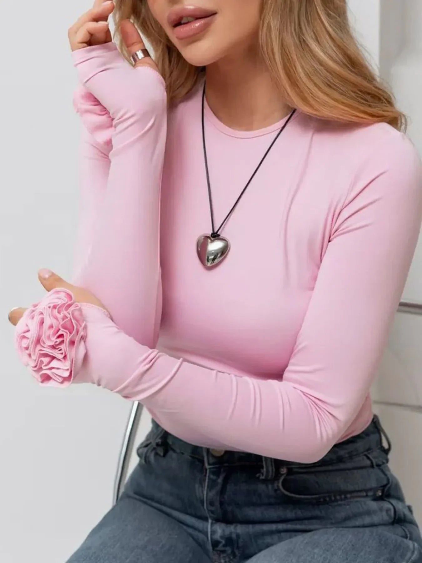 Flower Round Neck Long Sleeve T-Shirt - Southern Shores Clothing