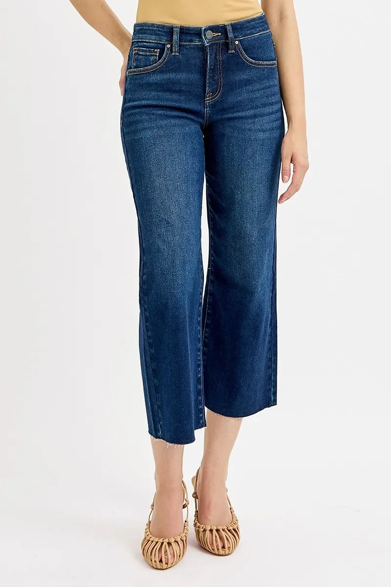 Plus Size High Rise Crop Wide Denim Jeans Tummy Control - Southern Shores Clothing