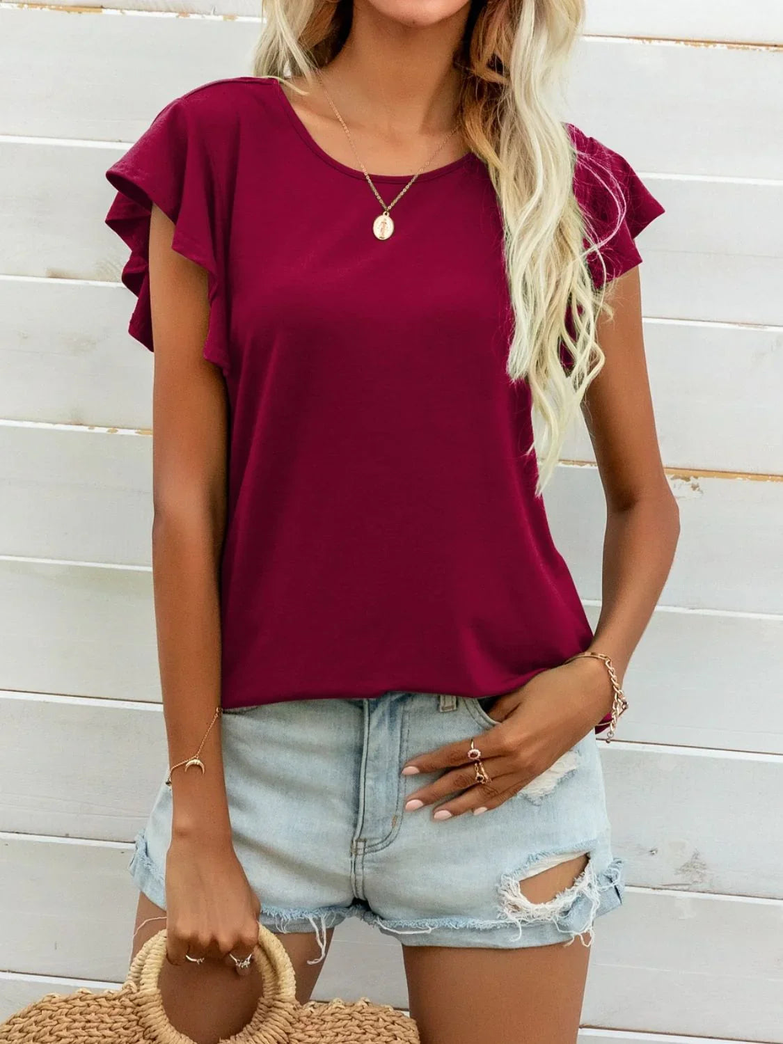 Round Neck Butterfly Sleeve Printed Stretch T Shirt - Southern Shores Clothing