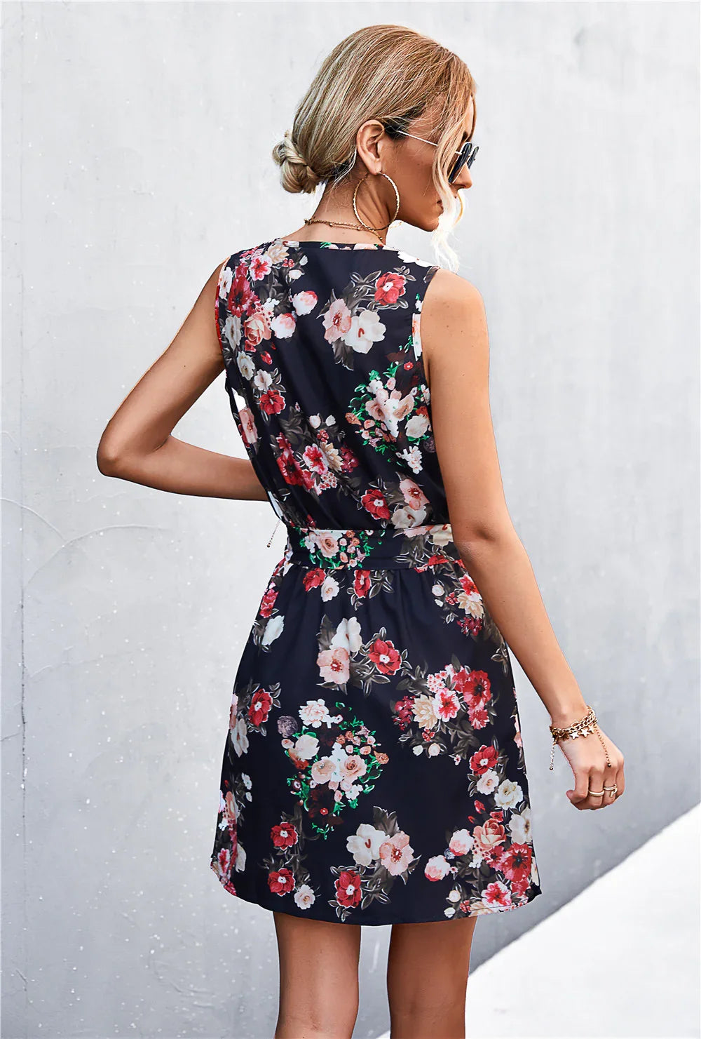 Printed Zip Detail Belted Sleeveless Dress - Southern Shores Clothing