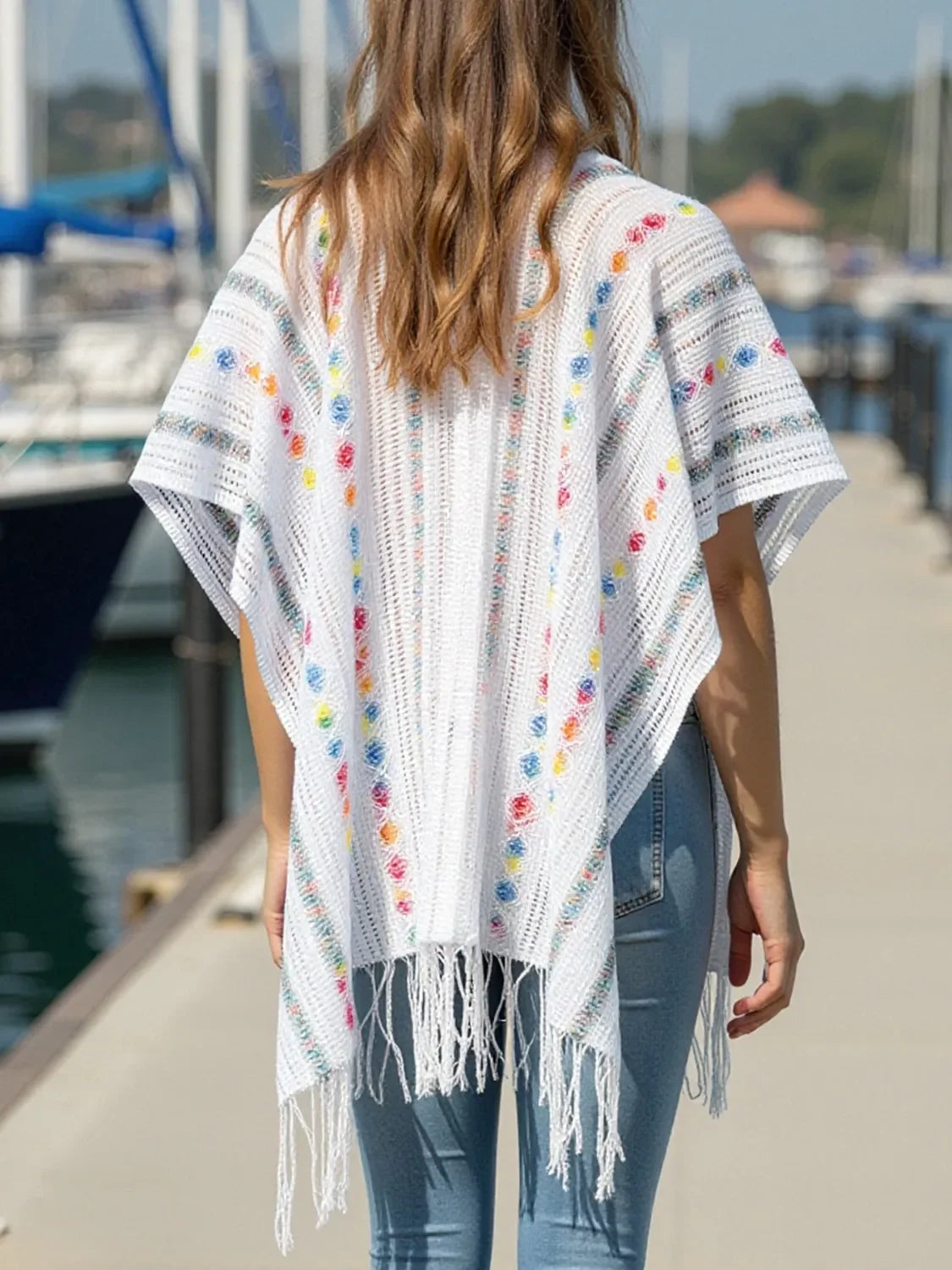 Openwork Fringe Knit Cape With Open Front For Casual Layering - Southern Shores Clothing