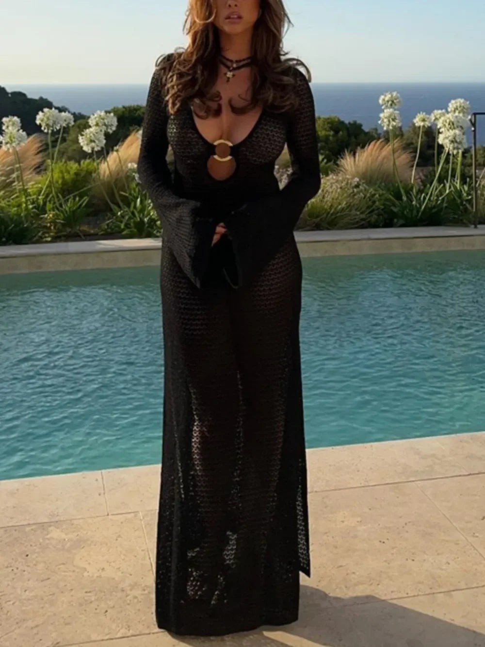 Sheer Slit Plunge Flare Sleeve Cover Up Dress - Southern Shores Clothing