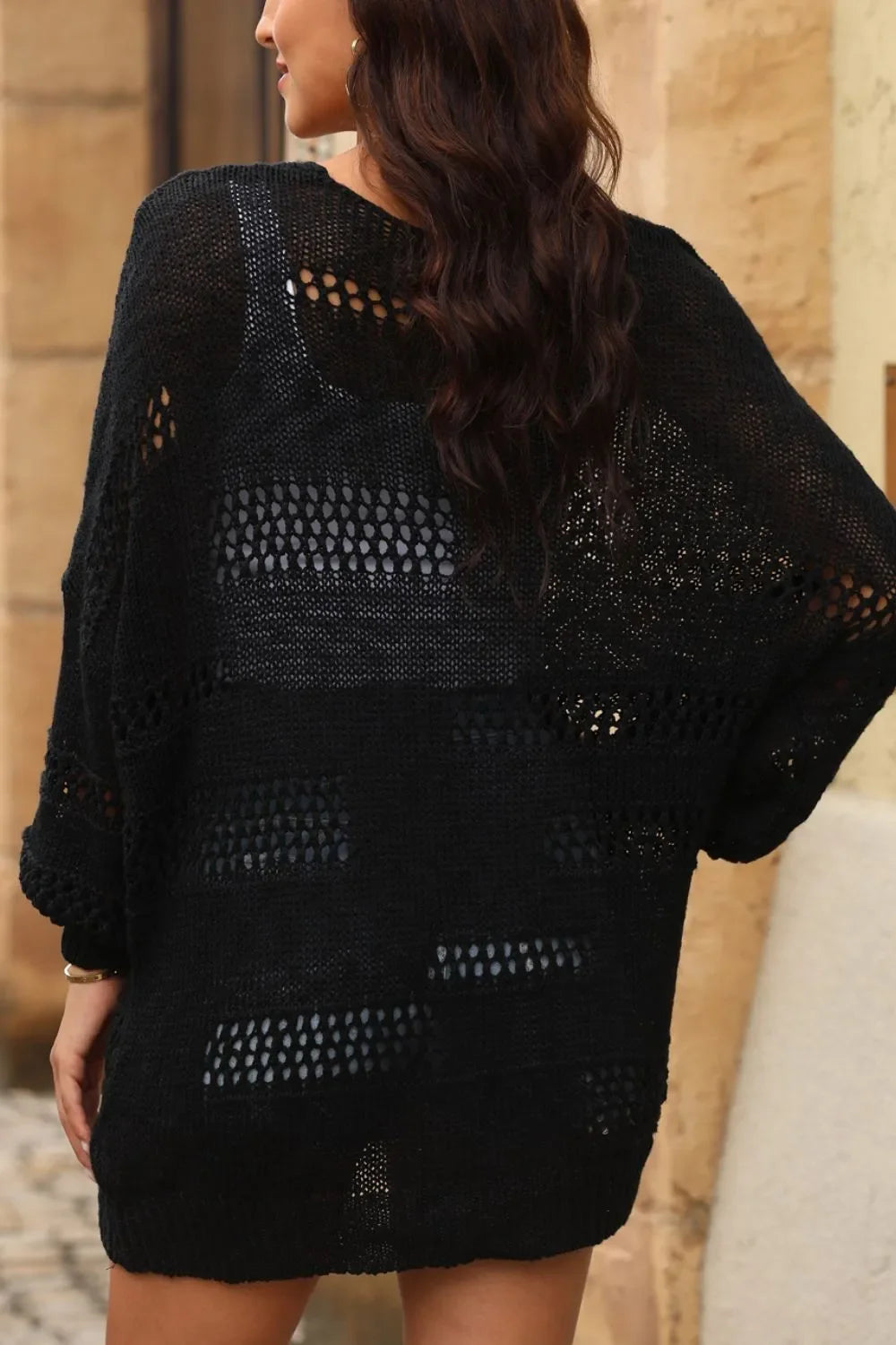 Openwork Open Front Long Sleeve Cardigan - Southern Shores Clothing