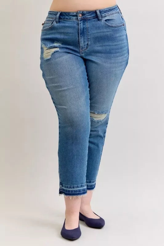 Plus Size Destroyed Jeans Mid Rise Patchwork Denim - Southern Shores Clothing