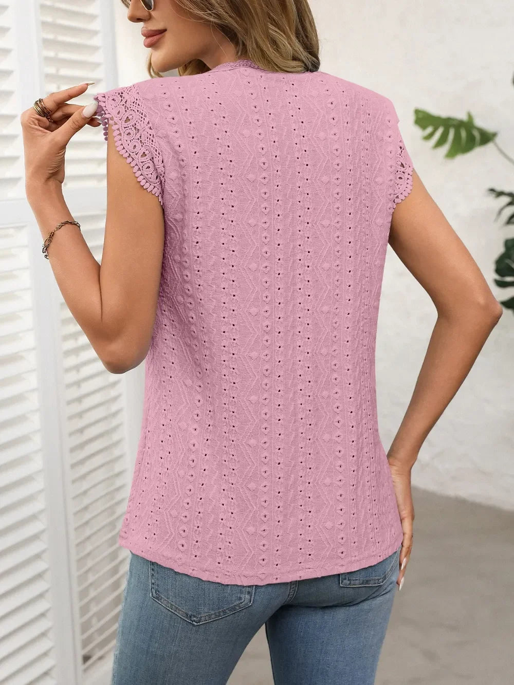 Lace Detail Eyelet Round Neck Cap Sleeve Top - Southern Shores Clothing