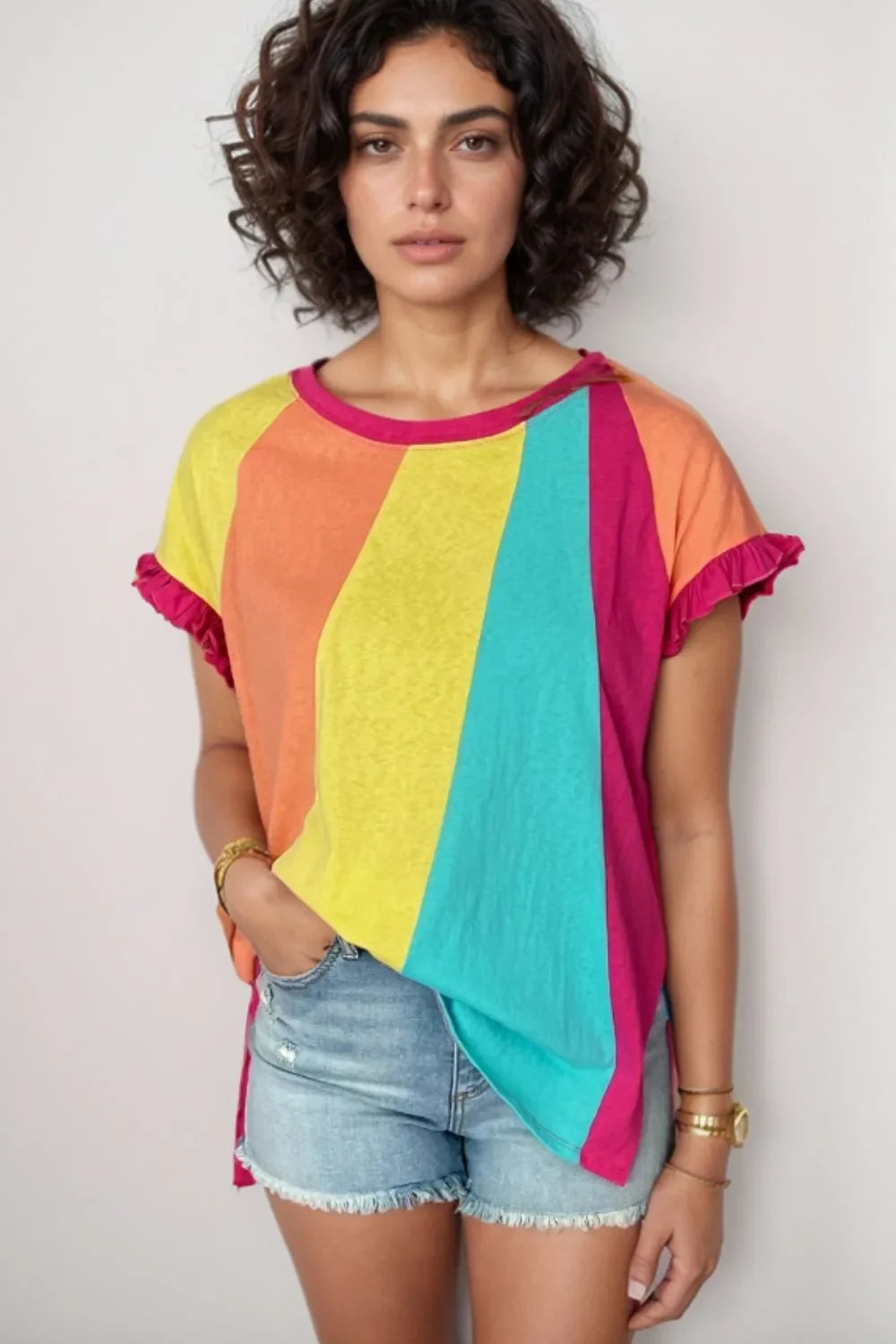 Frill Block Crew Neck Loose Fit T Shirt Casual - Southern Shores Clothing