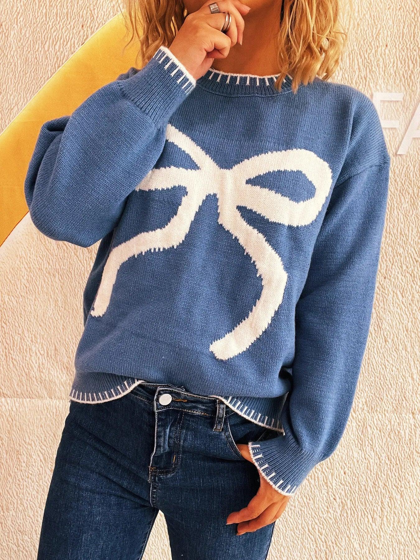 Bow Pattern Stretchy Knit Sweater Relaxed Fit - Southern Shores Clothing