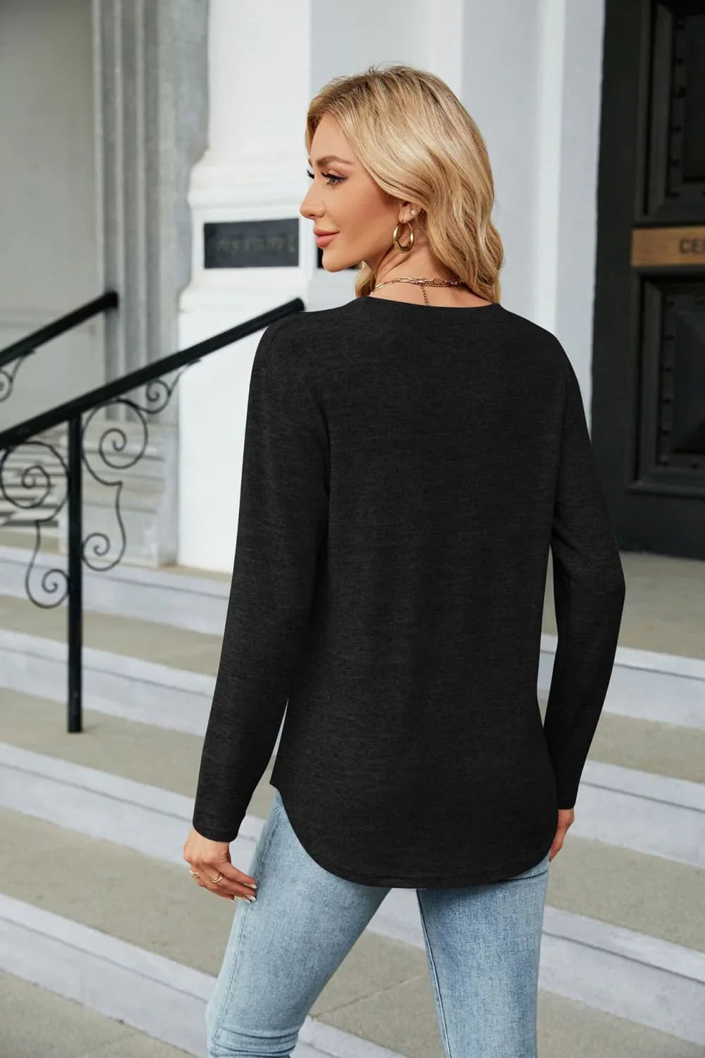 Round Neck Long Sleeve T Shirt With Button Detail - Southern Shores Clothing