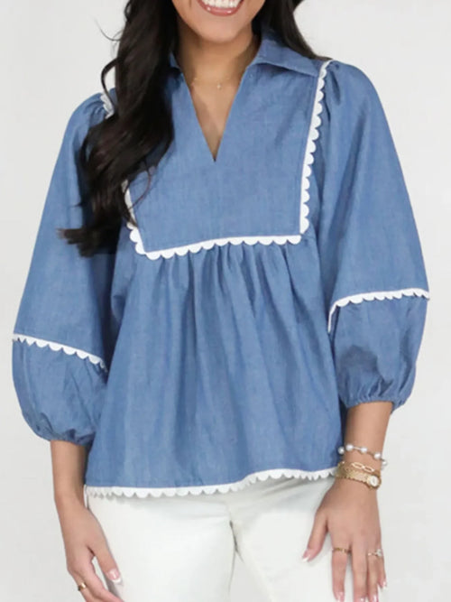 Collared Neck Balloon Sleeve Blouse With Contrast Trim - Southern Shores Clothing