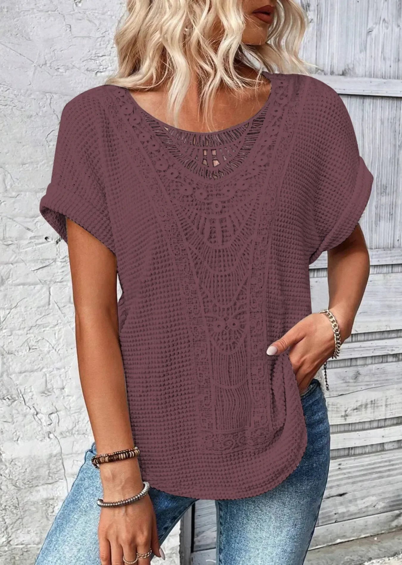 Crochet Lace Short Sleeve T Shirt Casual - Southern Shores Clothing