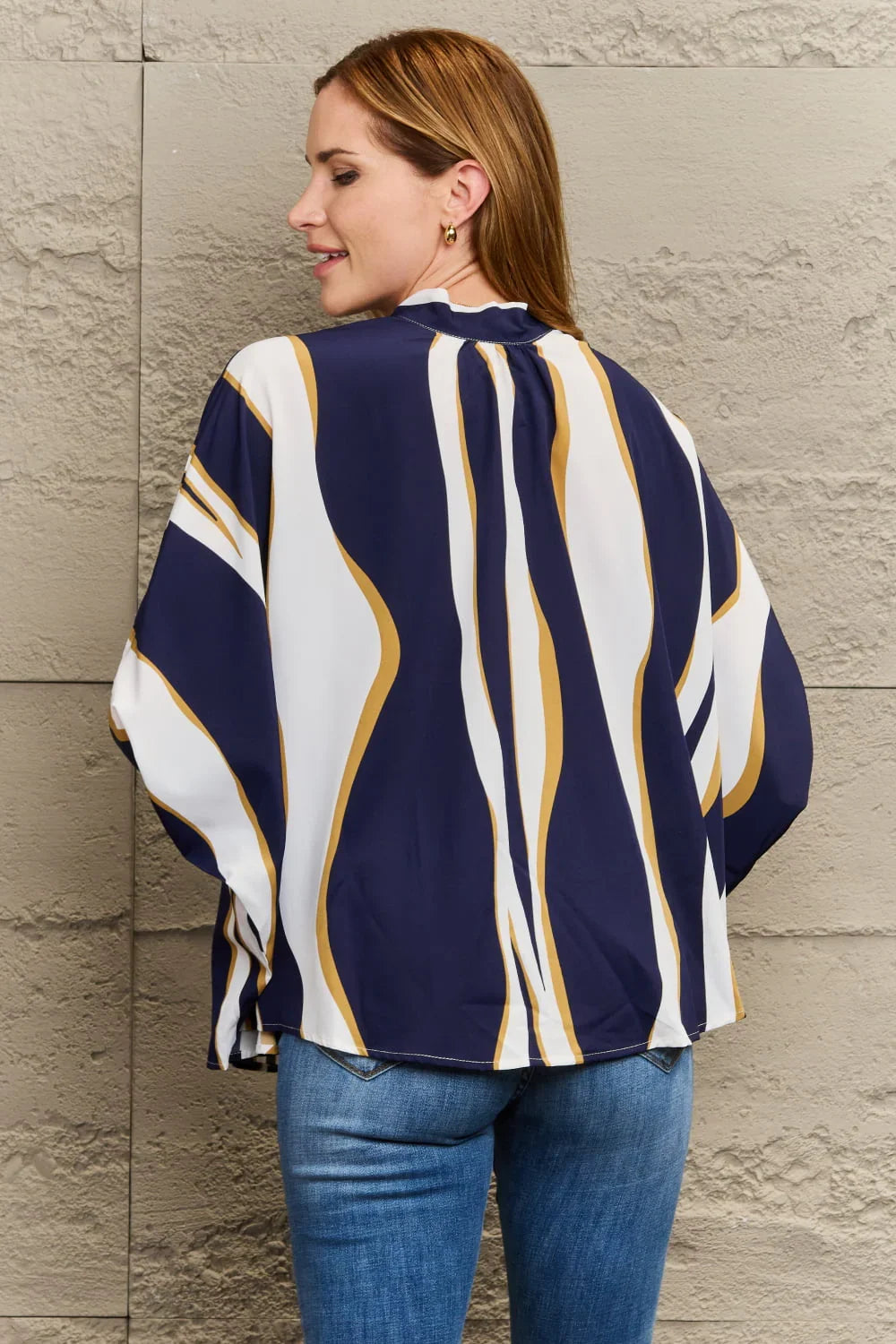 Casual Printed Tie-Neck Blouse With Split Sleeves Regular Length - Southern Shores Clothing