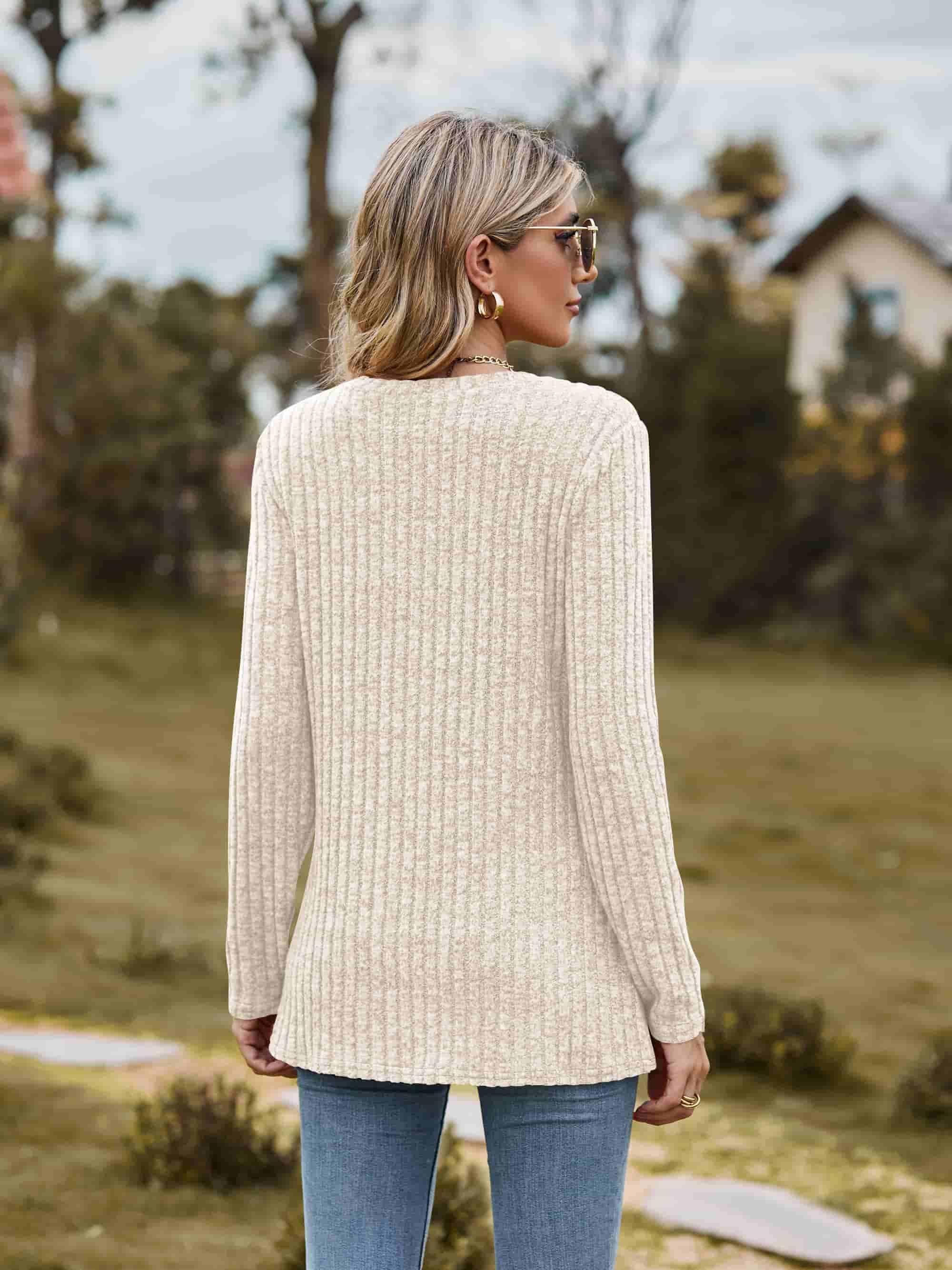 Ribbed Round Neck Long Sleeve Tee For Everyday Wear - Southern Shores Clothing