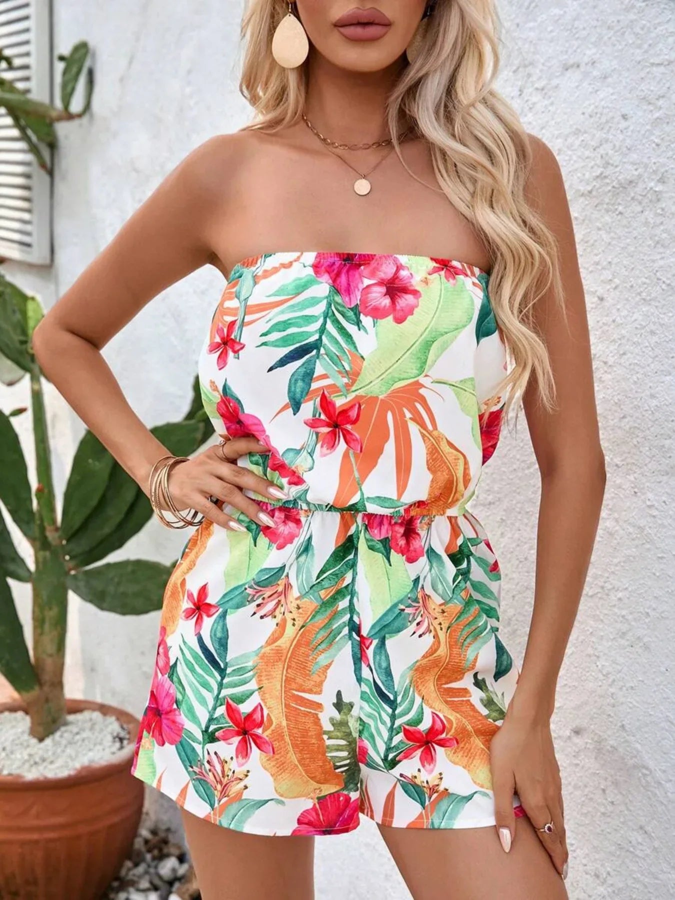 Tropical Print Strapless Romper With Elastic Waist - Southern Shores Clothing