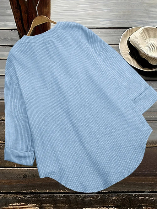 Striped Notched Long Sleeve Blouse For Daily Wear - Southern Shores Clothing