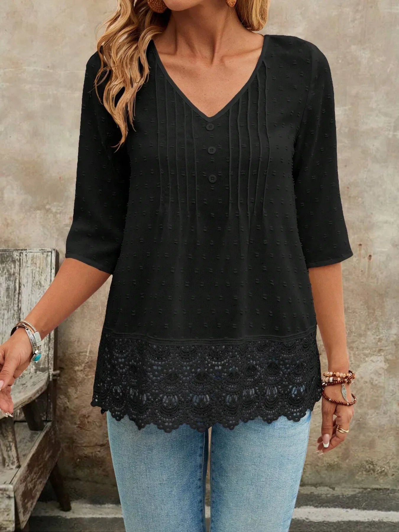 V-Neck Lace Hem Blouse With Decorative Button - Southern Shores Clothing
