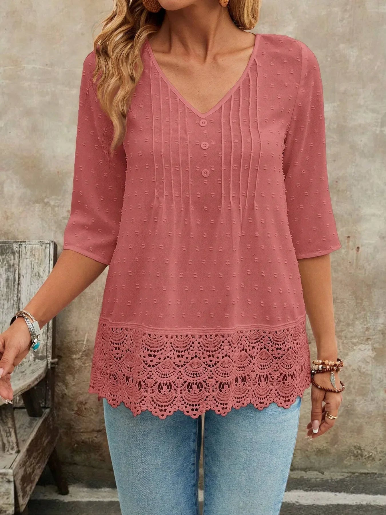 V-Neck Lace Hem Blouse With Decorative Button - Southern Shores Clothing