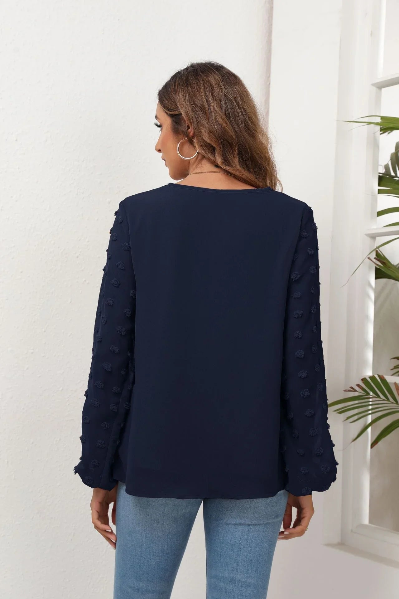 Stretch Swiss Dot V Neck Balloon Sleeve Blouse - Southern Shores Clothing