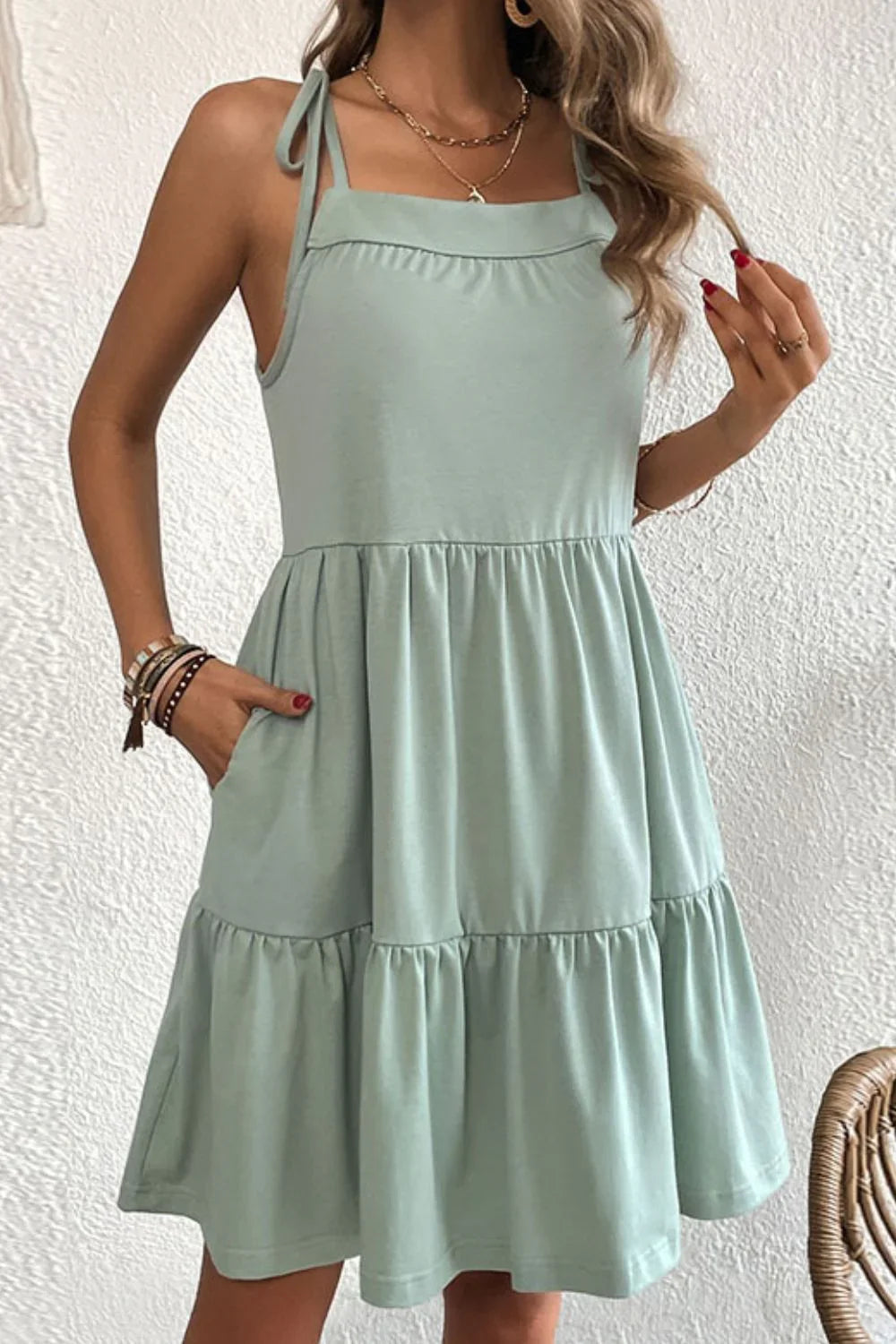 Casual Tiered Tie-Shoulder Dress With Pockets - Southern Shores Clothing