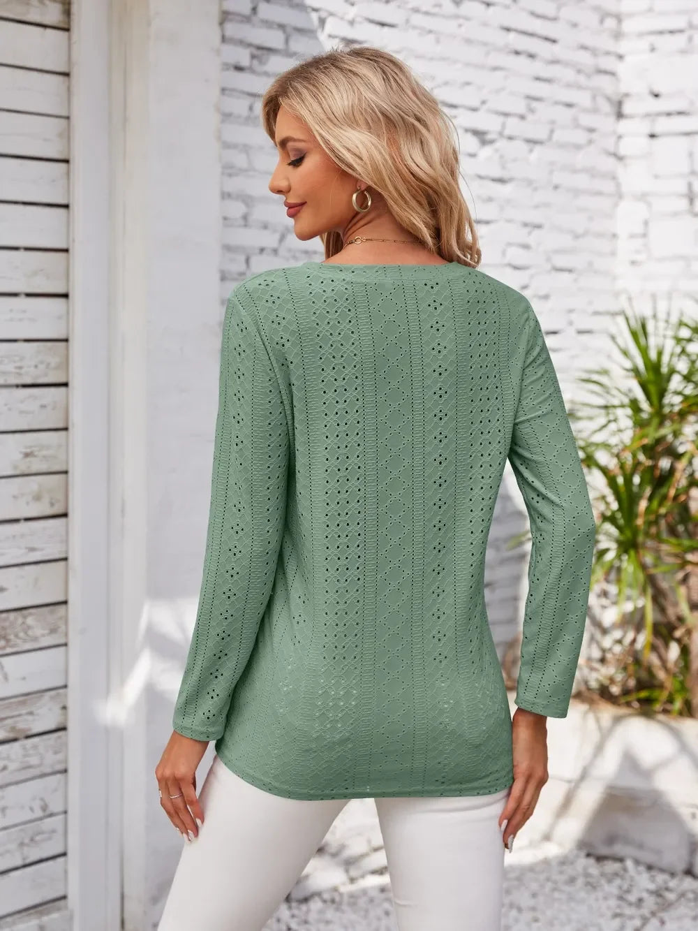 V Neck Openwork T Shirt With Decorative Buttons - Southern Shores Clothing