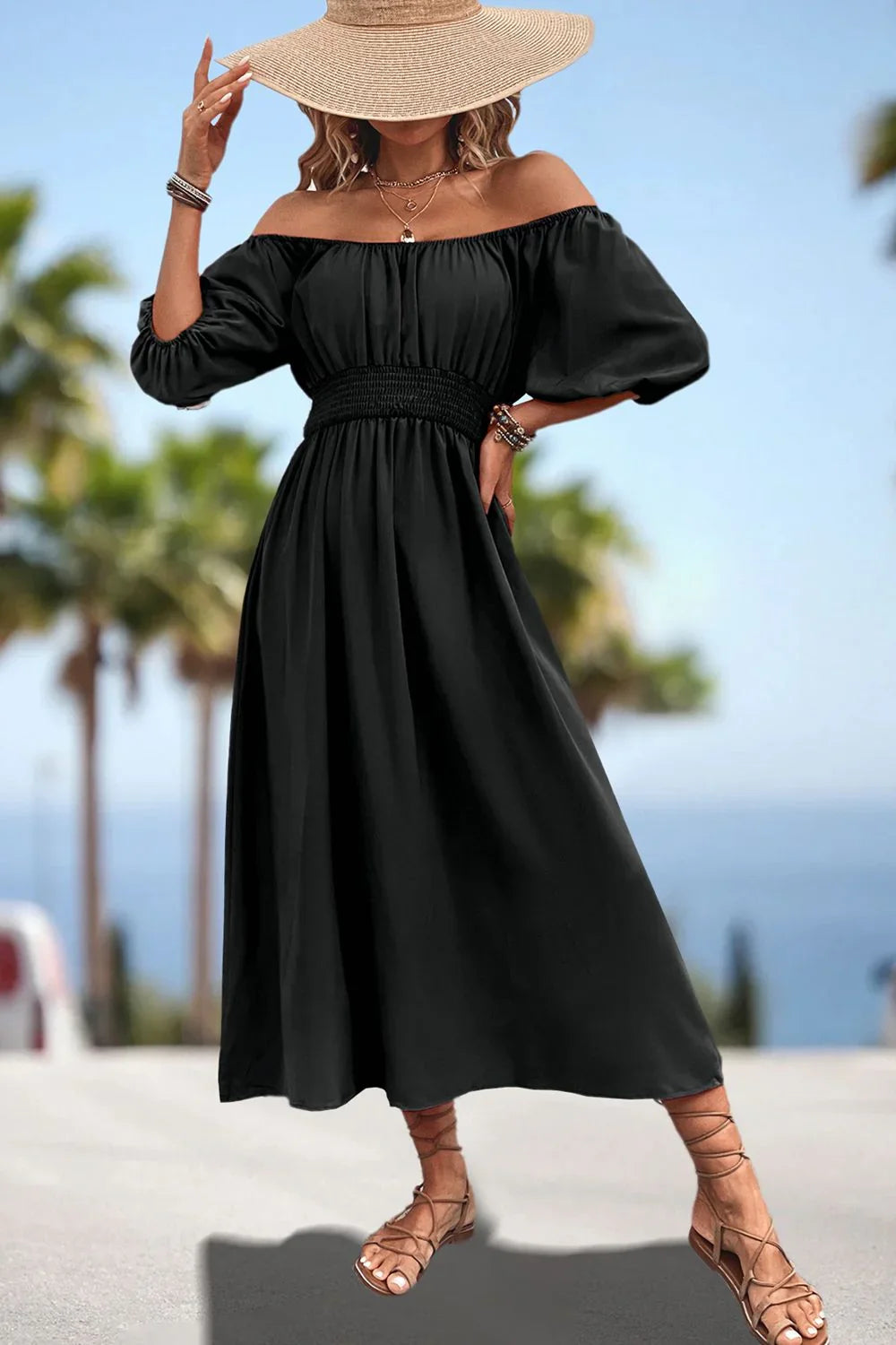 Square Neck Smocked Waist Puff Sleeve Midi Dress - Southern Shores Clothing