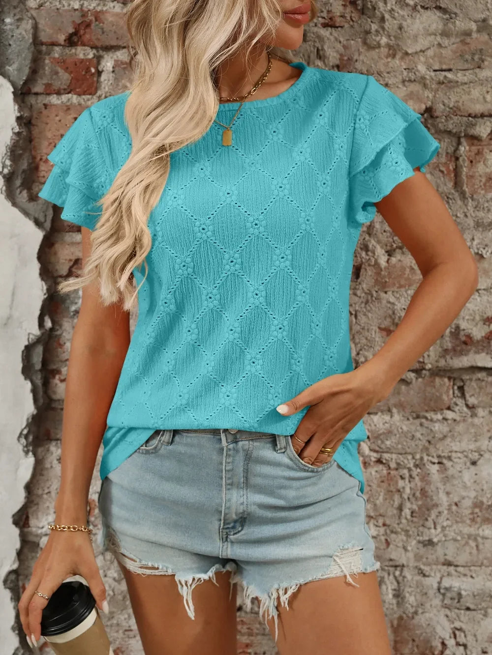 Eyelet Round Neck Ruffled Short Sleeve Top - Southern Shores Clothing