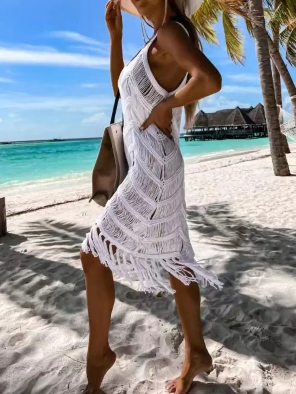 Sheer Fringe Stretchy Scoop Neck Swim Cover Up - Southern Shores Clothing