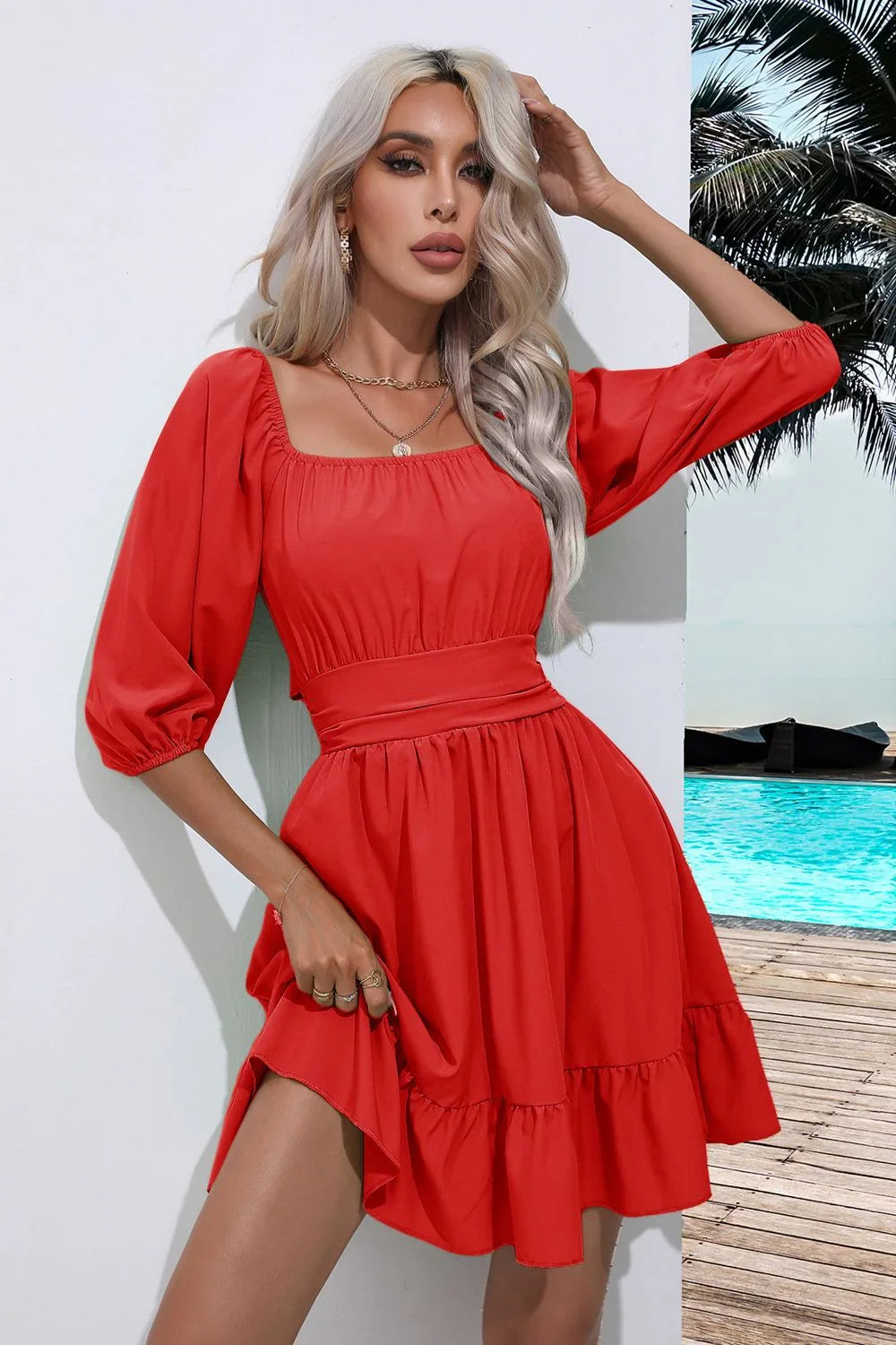 Square Neck Tie Back Ruffle Hem Dress Coastal Casual - Southern Shores Clothing
