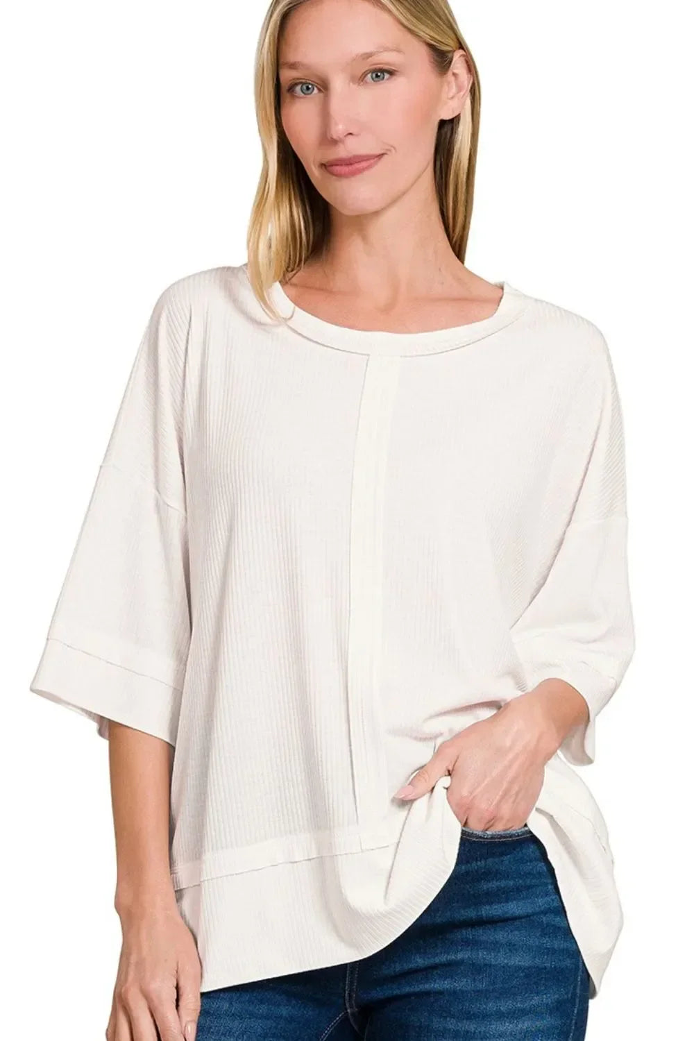 Ribbed Boat Neck Oversized Three Quarter Sleeve Top - Southern Shores Clothing