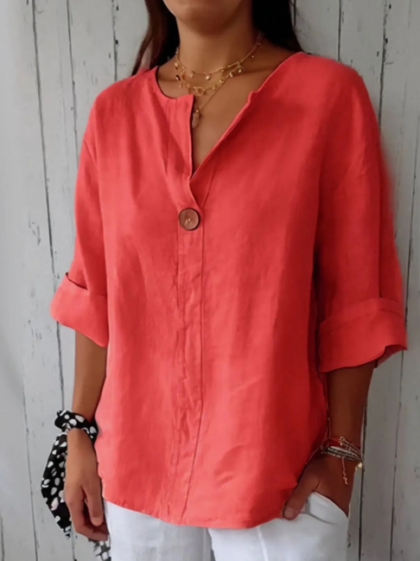 Plus Size Linen Blend Notched Blouse With Button Front - Southern Shores Clothing