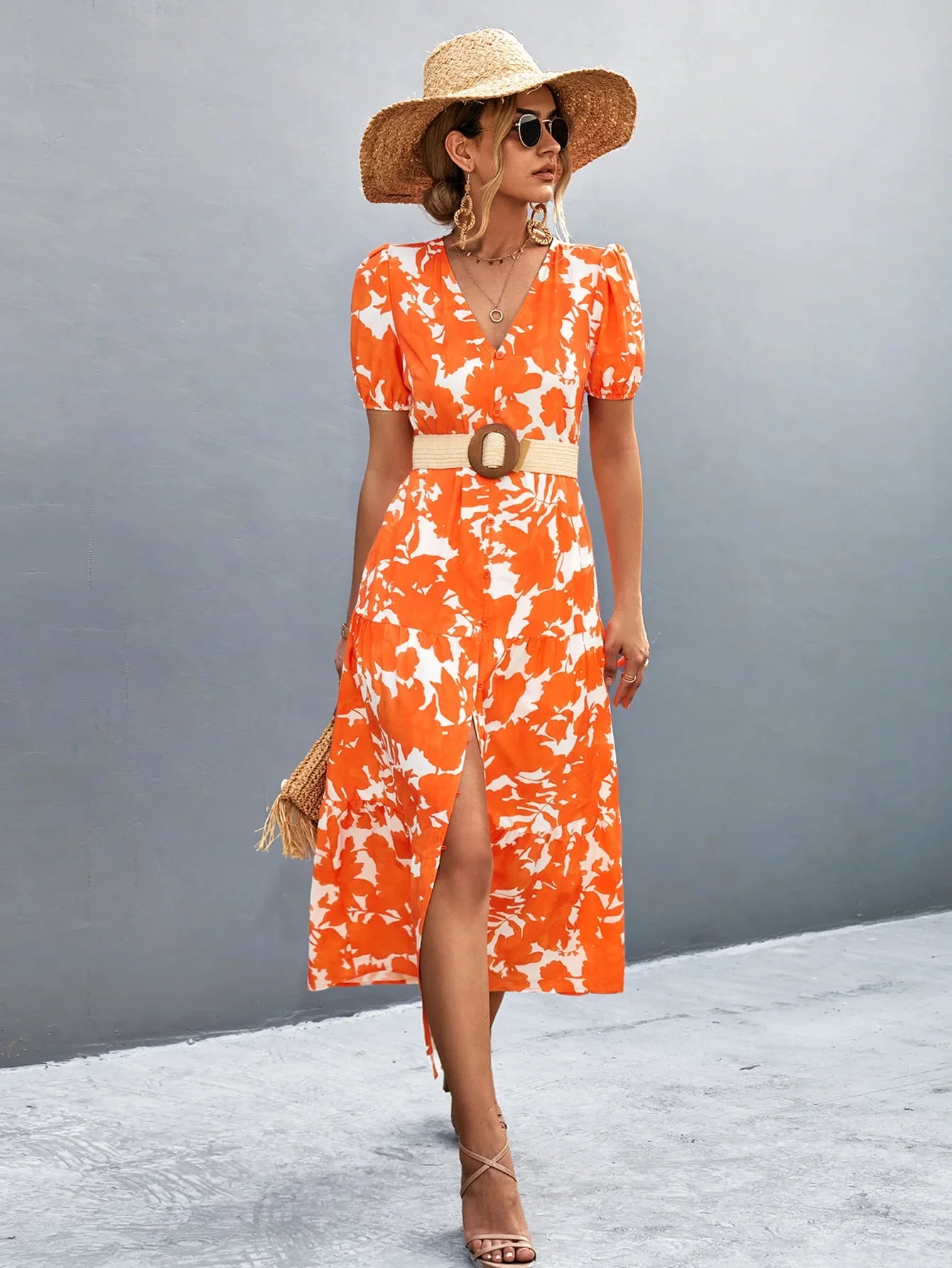 V-Neck Short Sleeve High Slit Midi Dress - Southern Shores Clothing