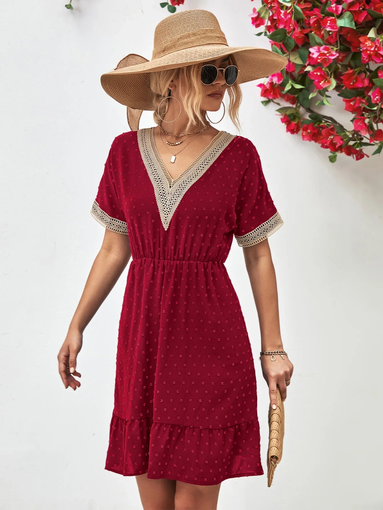 Contrast V-Neck Short Sleeve Mini Dress - Southern Shores Clothing