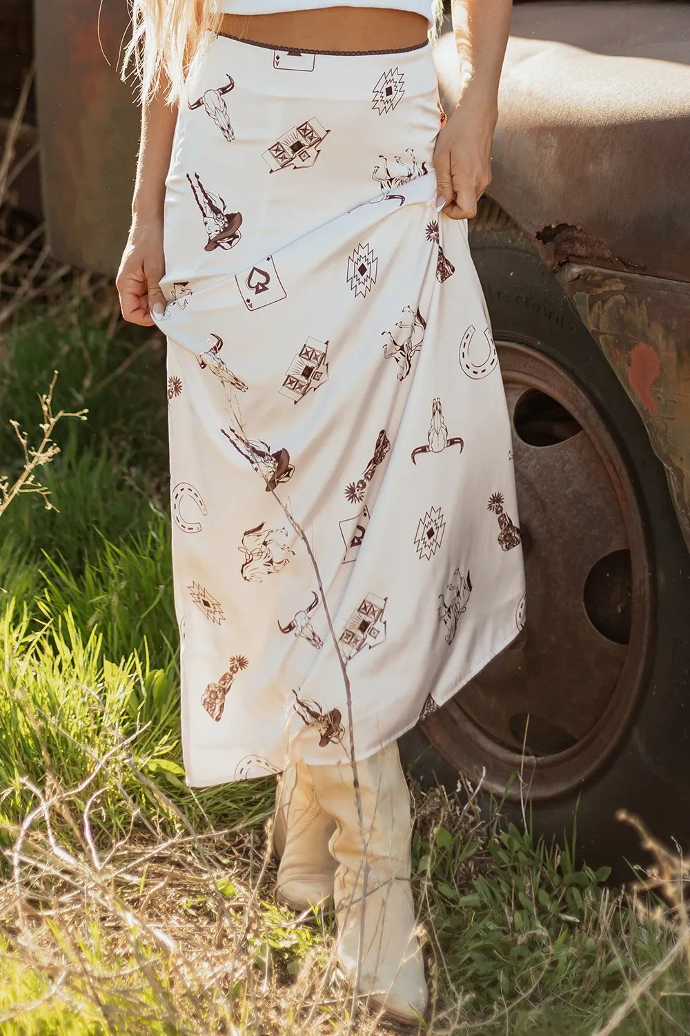 Coastal Inspired Western Print Satin Long Skirt for Women