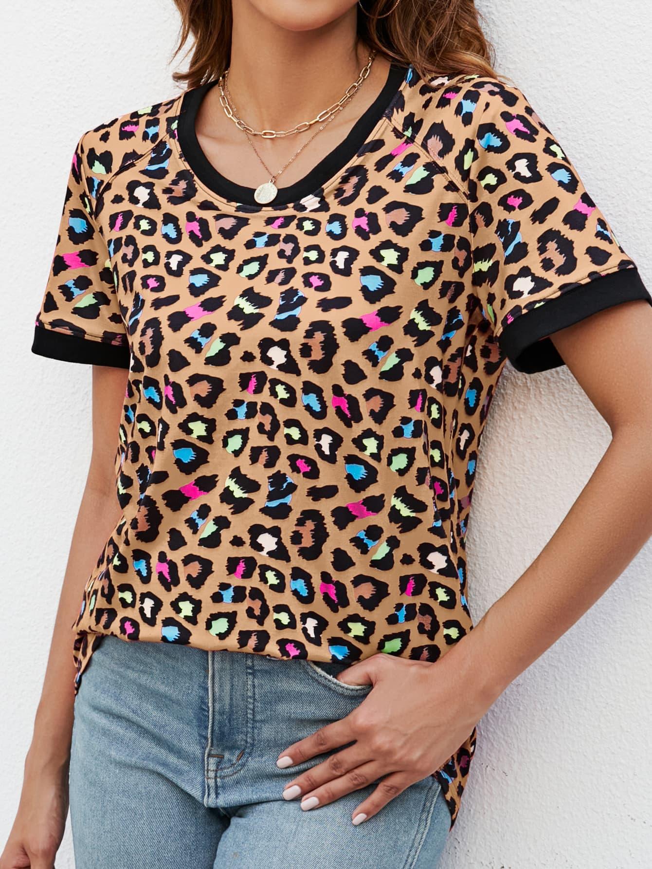 Leopard Print V-Neck Long T-Shirt With Stretchy Fabric - Southern Shores Clothing