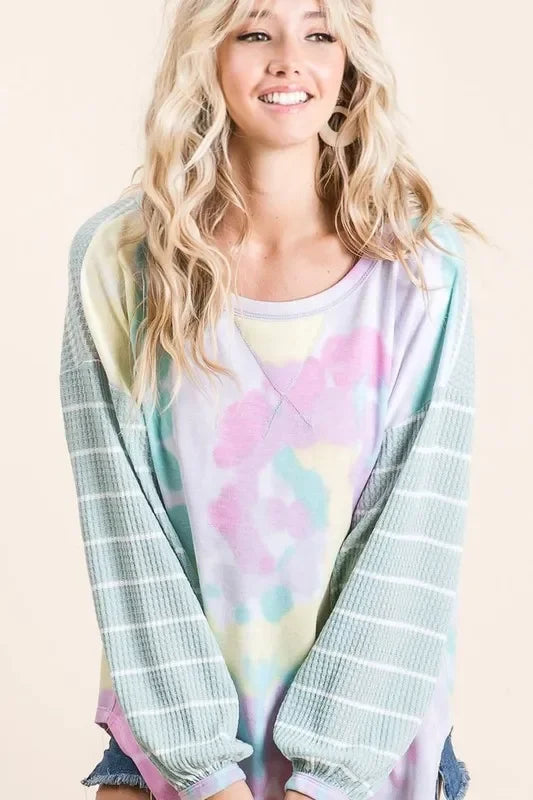 Tie Dye Terry Top With Wide Stripe Thermal Waffle - Southern Shores Clothing