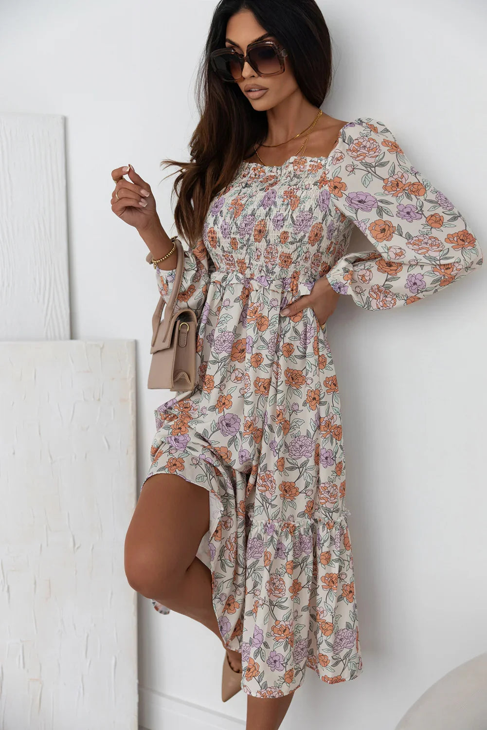 Floral Smocked Square Neck Dress - Southern Shores Clothing