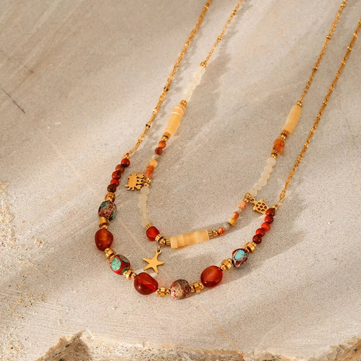 Two-Piece 18K Gold-Plated Natural Stone Bead Necklace Set - Southern Shores Clothing
