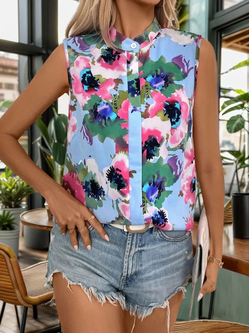 Printed Round Neck Sleeveless Blouse With Pattern - Southern Shores Clothing