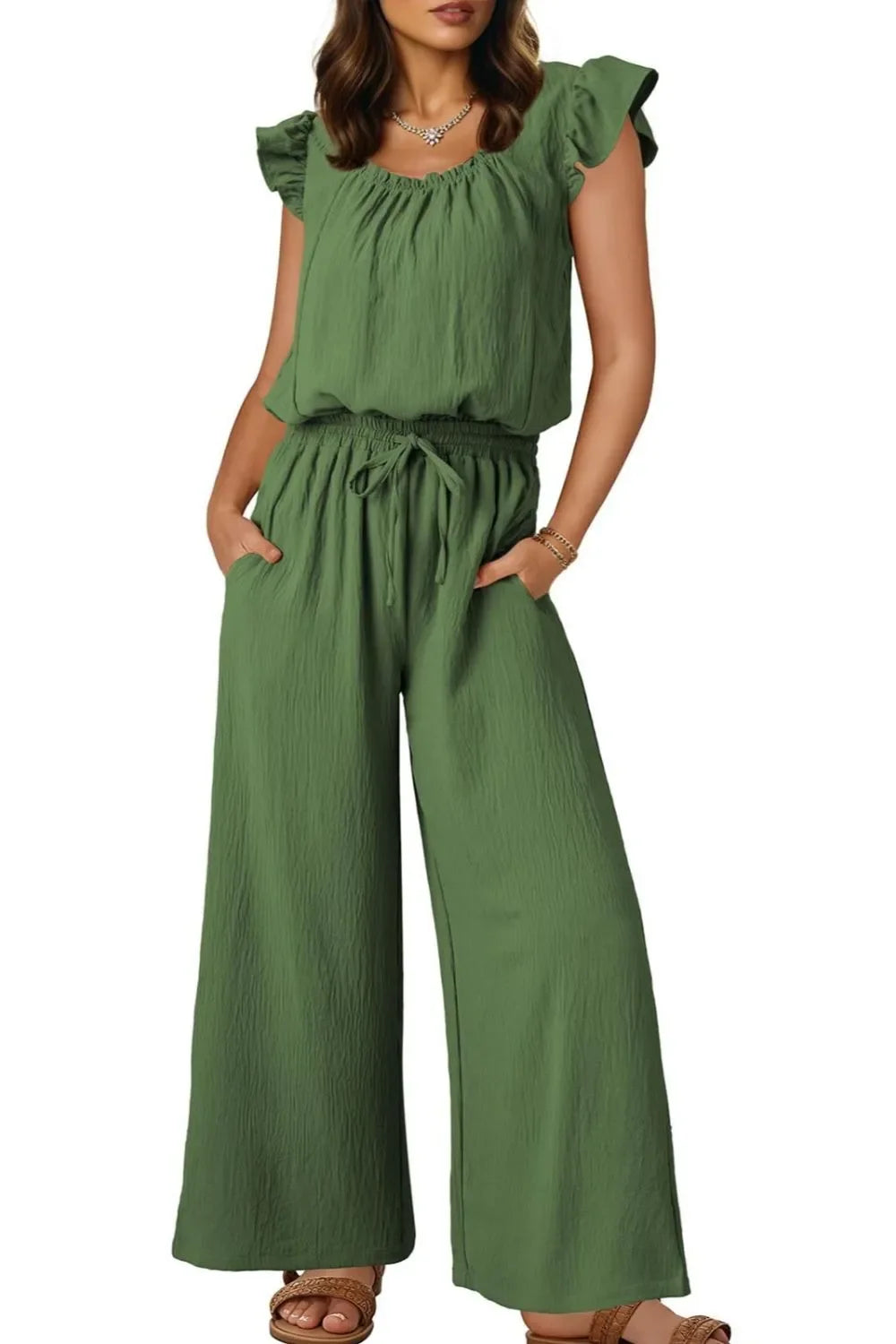 Ruffled Cap Sleeve Wide Leg Jumpsuit With Pockets - Southern Shores Clothing