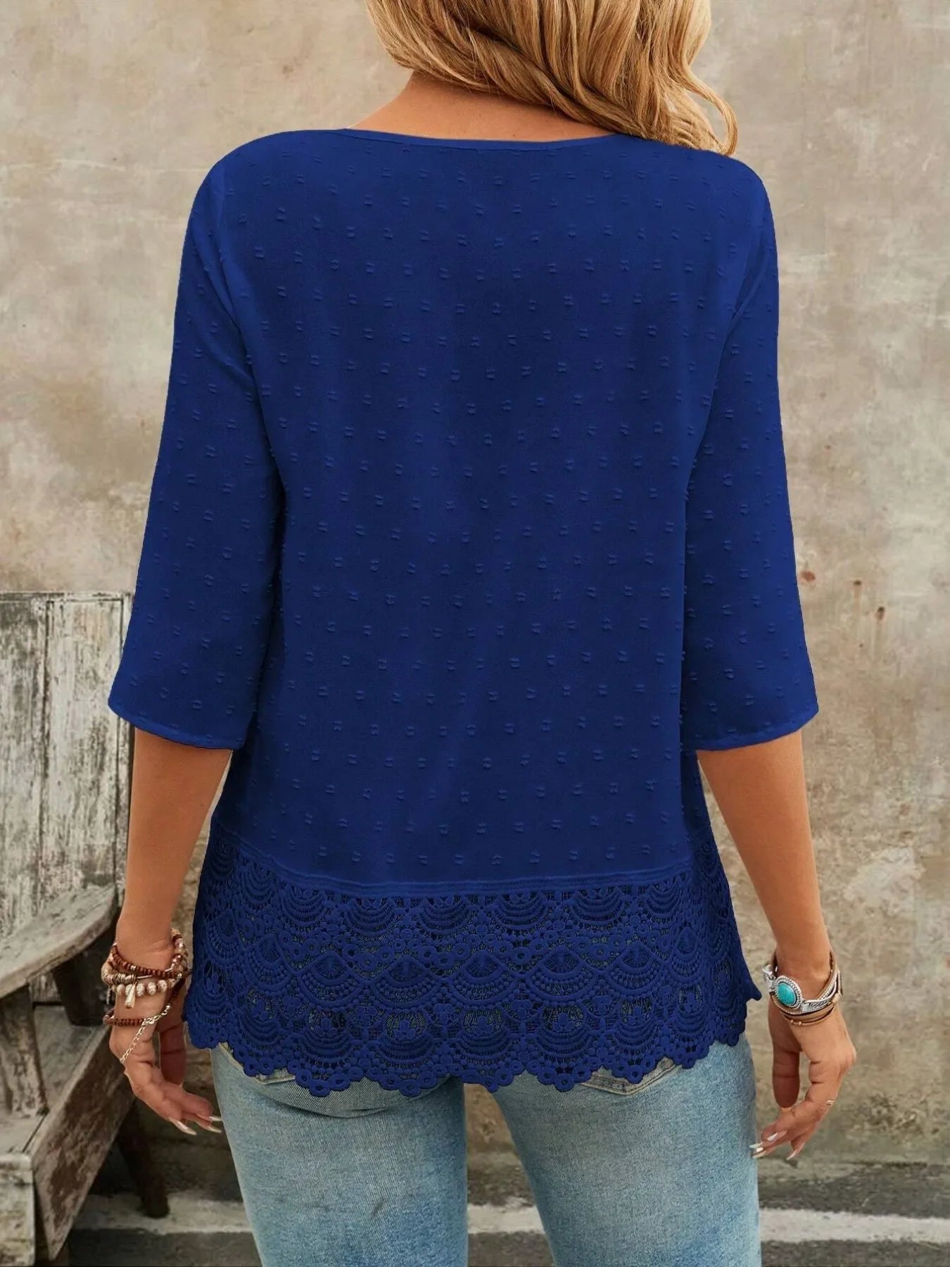 V-Neck Lace Hem Blouse With Decorative Button - Southern Shores Clothing