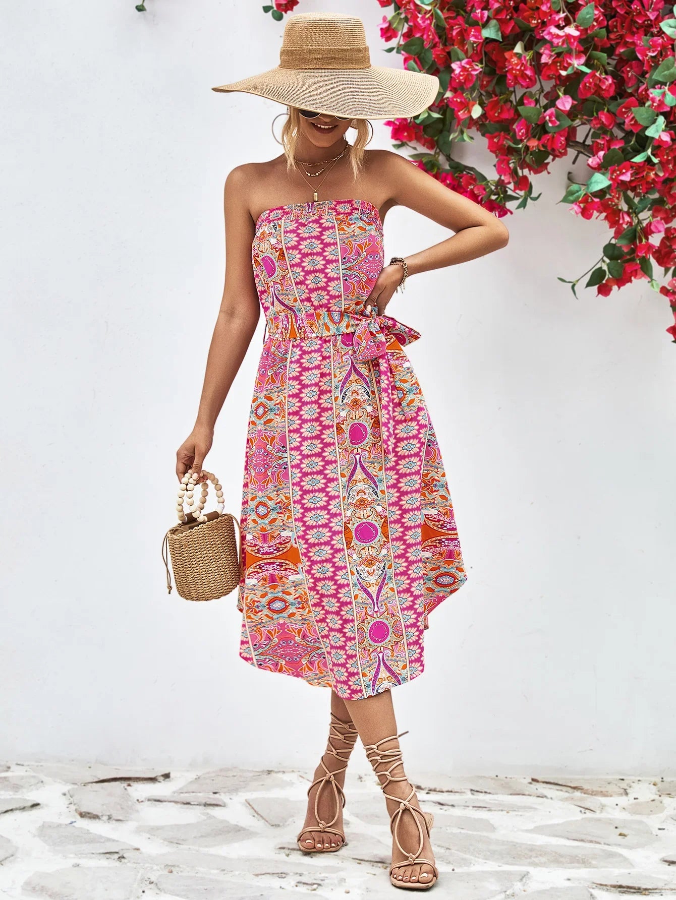 Printed Strapless Tie Belt Dress - Southern Shores Clothing