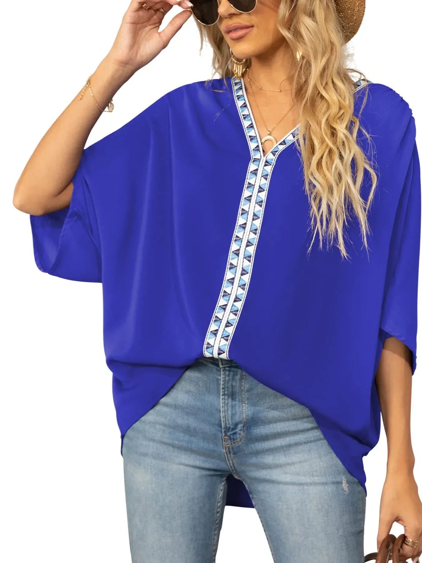 Printed Trim V-Neck Batwing Sleeve Blouse - Southern Shores Clothing