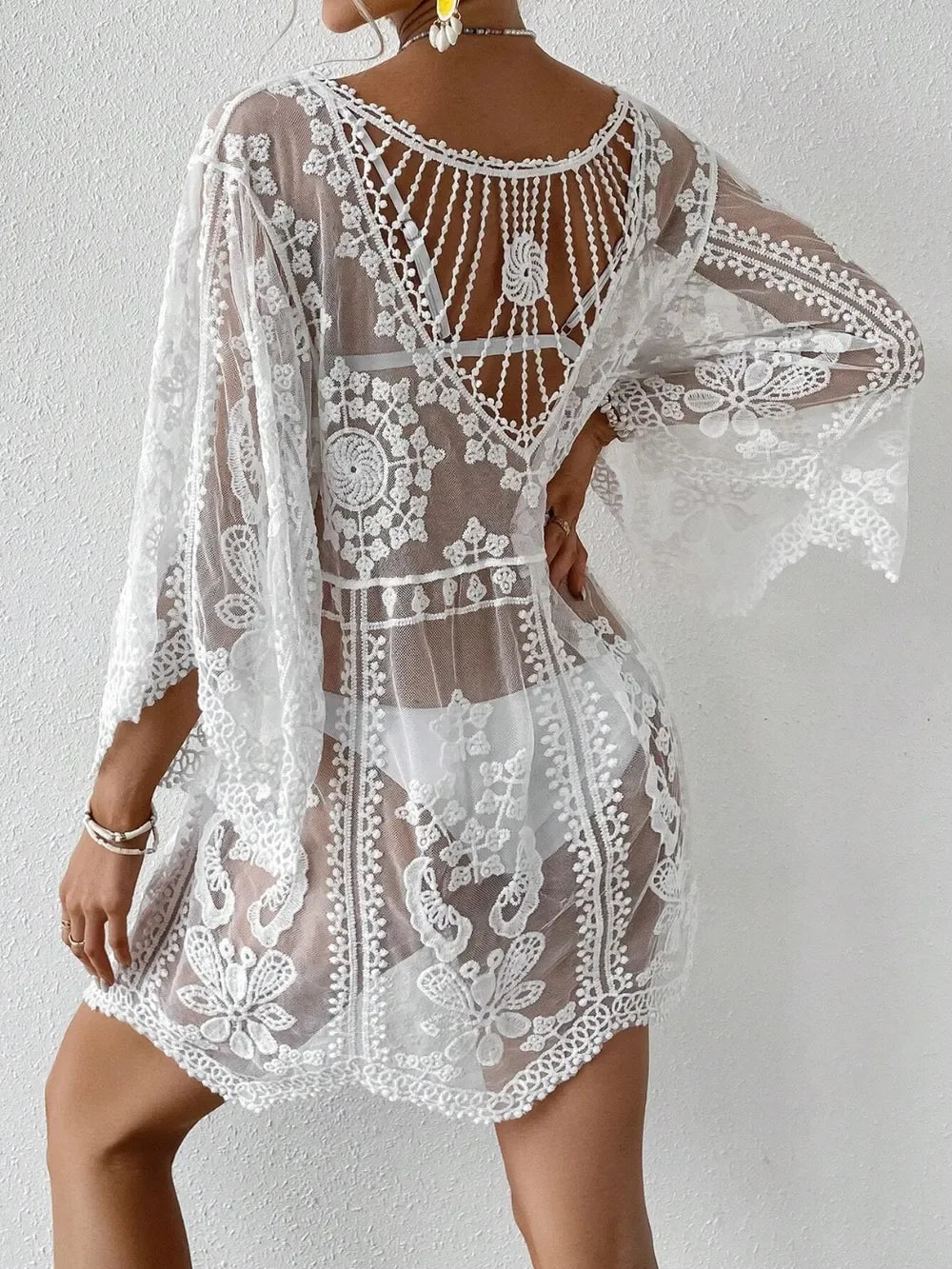 Lace Round Neck Sheer Swim Cover Up One Size - Southern Shores Clothing