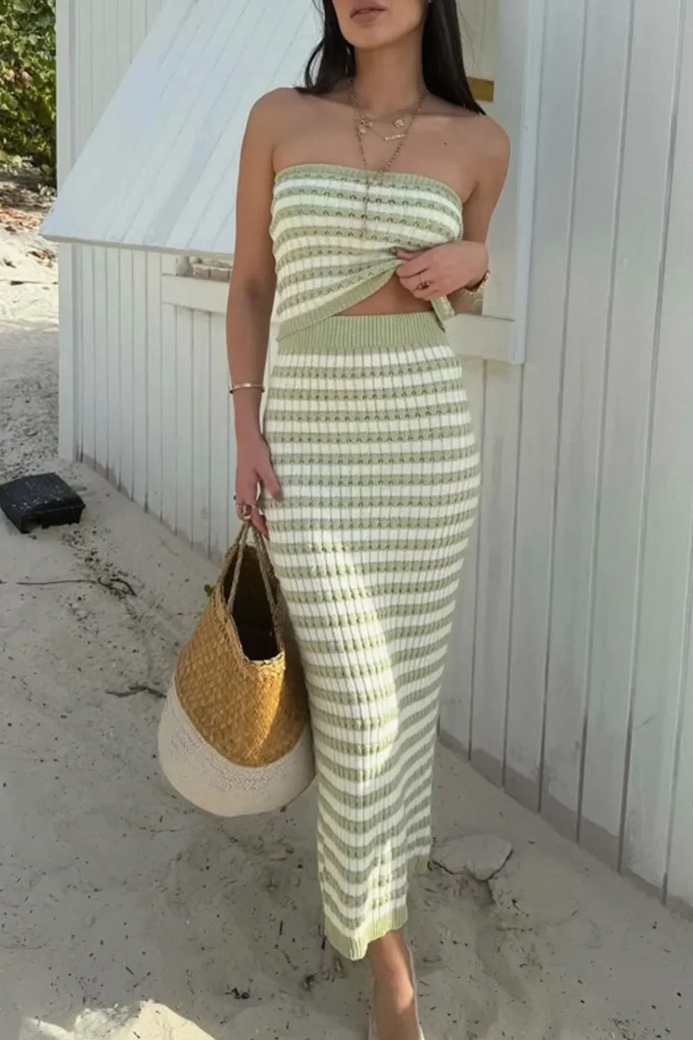 Contrast Striped Tube Top and Skirt Sweater Set - Southern Shores Clothing