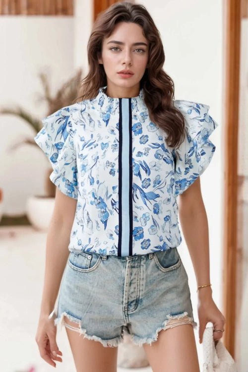 Floral Print Ruffled Short Sleeve Blouse - Southern Shores Clothing