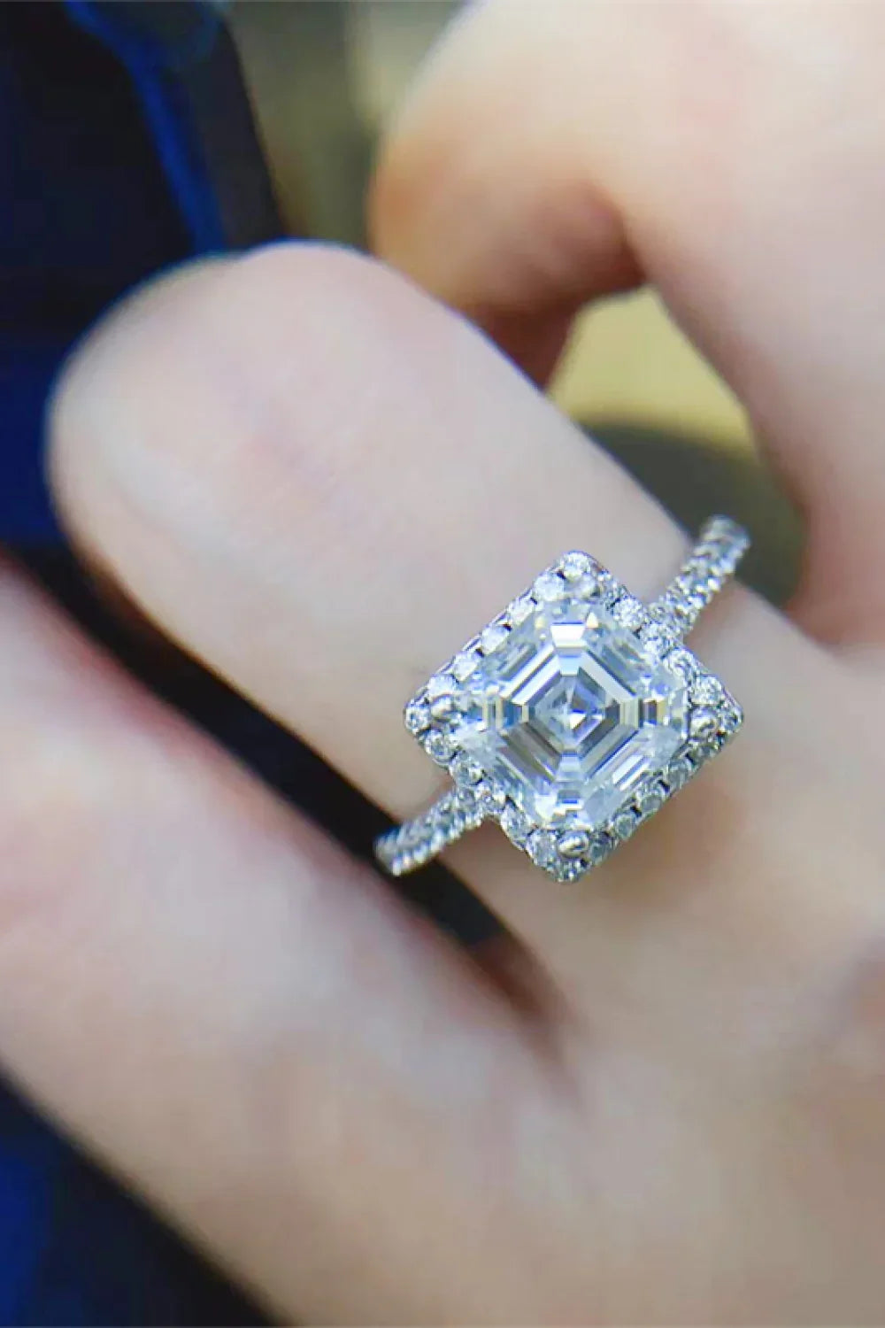 Emerald-Cut Moissanite Ring With Halo In Sterling Silver - Southern Shores Clothing