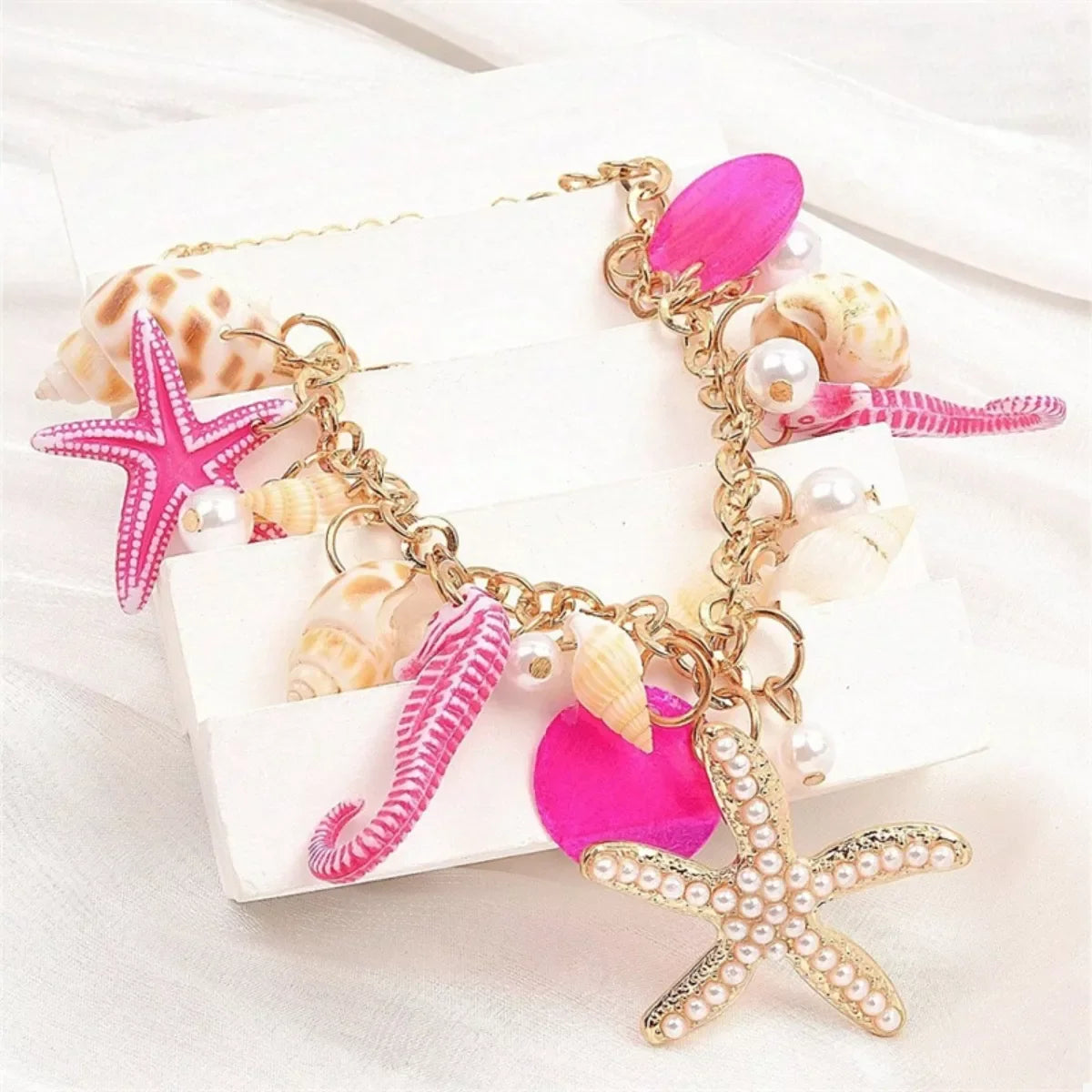 Shell Starfish Ocean Charm Necklace With Adjustable Chain