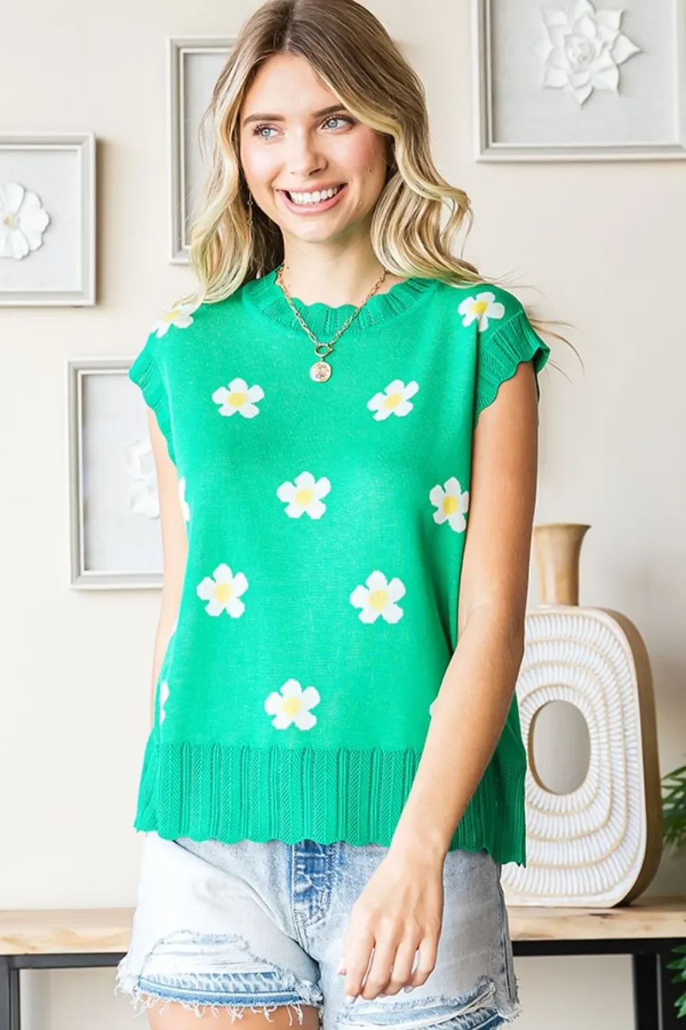 Floral Pattern Round Neck Knit Vest For Layering Outfit - Southern Shores Clothing